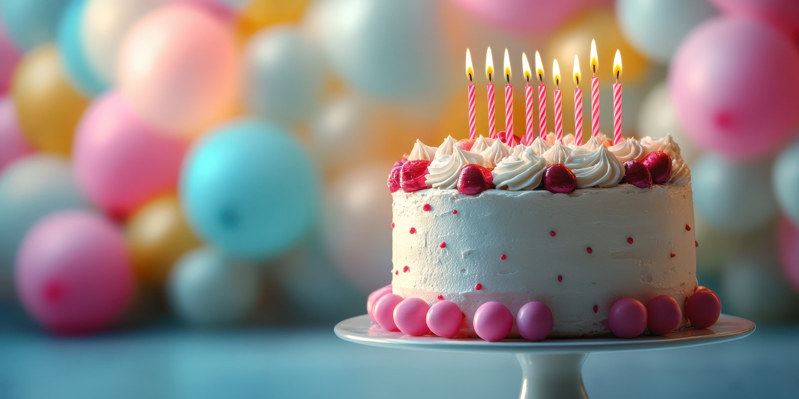 Delightful birthday cake with candles set against a vibrant balloon backdrop for a joyful celebration